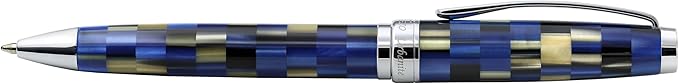 Xezo Urbanite Ballpoint Pen, Medium Point. Retro Blue, Black, and Cream Checkered Acrylic on Brass and Aluminium. Chrome Plated. Limited Edition and Serialized. No Two Alike