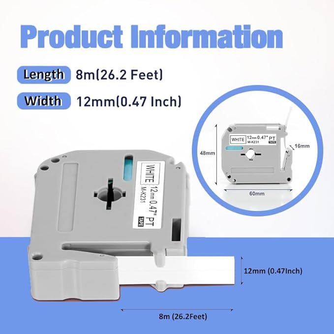 5 Pack M-K231 M Tape 12mm Compatible with M-K231s Brother Label Tape Black on White 0.47 Inch for P Touch PT-M95 PT95 PT65 PT-65 PT70 PT85 PT90 Label Maker Tape Refill
