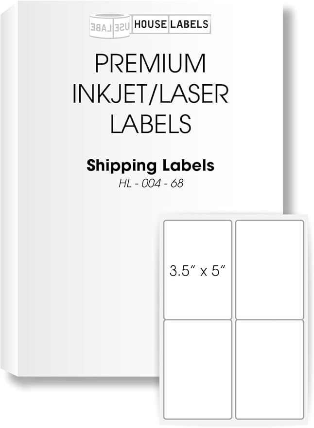 HOUSELABELS 4-up Shipping Labels (3-1/2" x 5") for Laser and Inkjet Printers, 100 Sheets