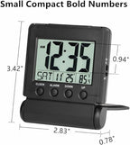 FAMICOZY Small Folding Digital Travel Alarm Clock with Day/Month/Date/Indoor Temperature,Easy to Read and Set,High/Low Alarm Volume,9 Min Snooze,Backlight on Demand,Bedside Calendar Alarm Clock,Black