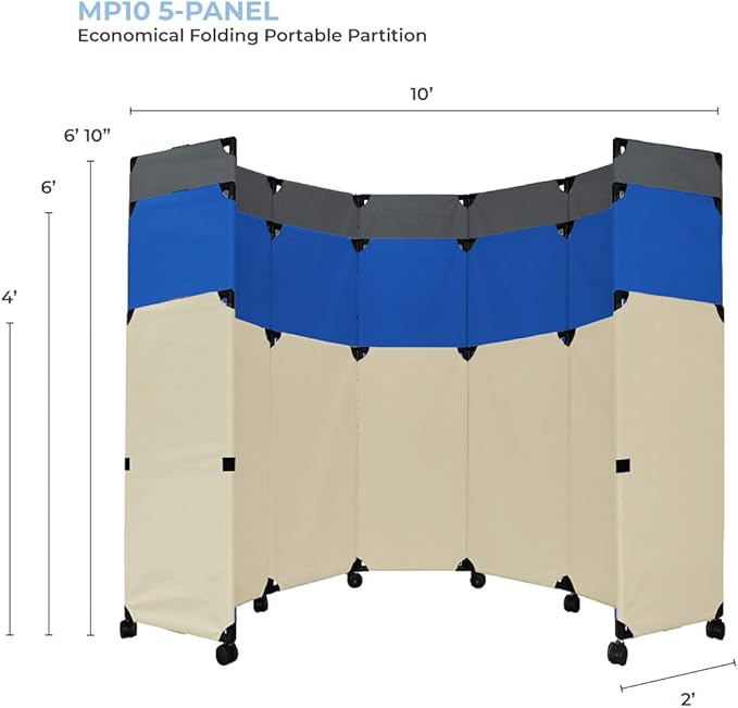 Versare MP10H Portable Folding Wall Partition | Economical 5 Panel Design | Portable Room Divider On Wheels | Adjustable, Freestanding Setup | Multiple Widths
