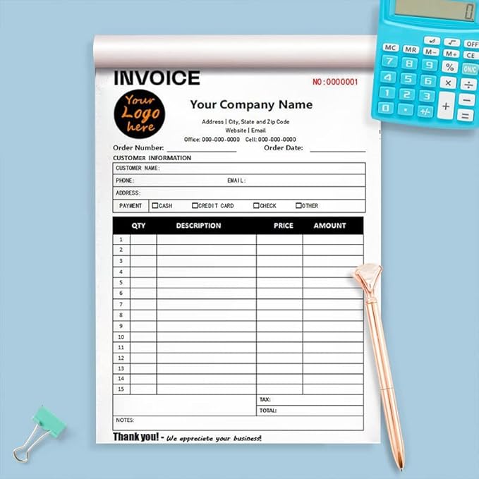 Custom Carbonless Sales Invoice Form Books for Small Business, Personalized NCR 3-Part Receipt Book with Carbon Copies, Cover Add Company Name, Address and Number Printed