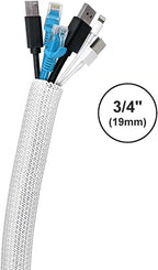 QCSIW 3/4"-50ft Extra-Long Braided Cable Sleeve Protector - Self-Wrapping Pet-Proof Wire Loom for Home Theater, Office, Car Engine, Chew-Resistant Cord Cover, White