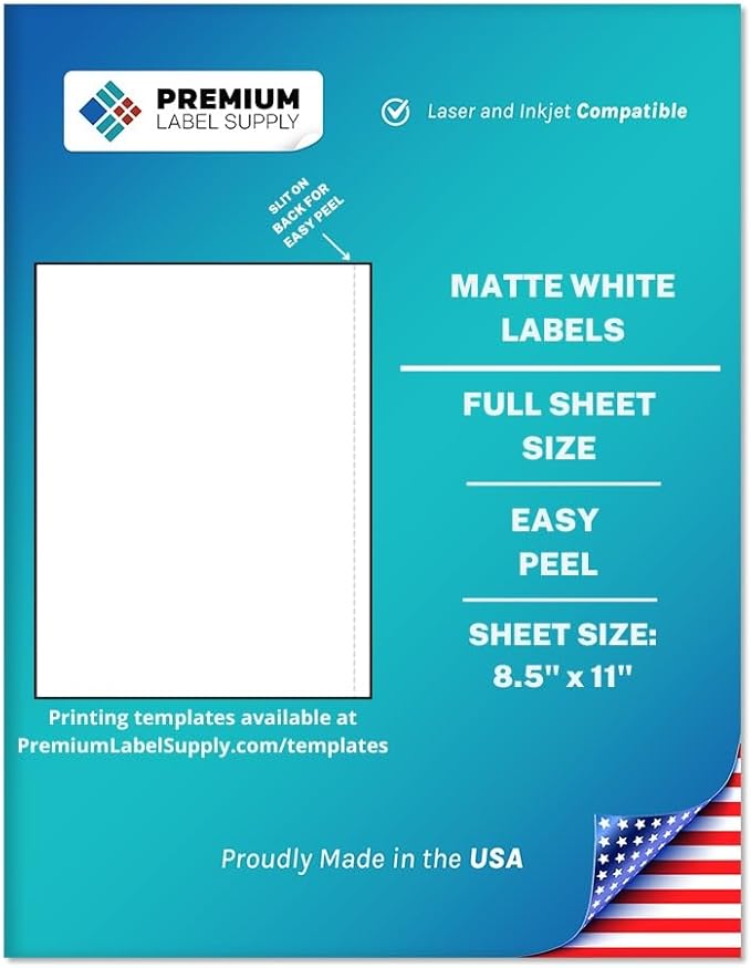 Premium Label Supply White Sticker Full Sheet Shipping Labels – 8.5" x 11" – Laser/Inkjet Compatible – (1 per Sheet), 1000 Sheets - Letter Size
