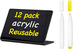 PigPotParty Acrylic Mini Chalkboard Signs for Outdoor Party Buffet, 12 Pcs 4"x3", Glossy Black Elegant Food Labels for Wedding, Table Signs, Place Cards, Include 2 Wet Erase Markers
