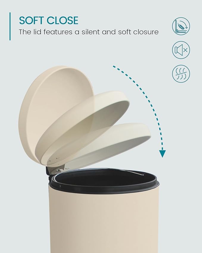 8 Gallon Trash Can, Tall Round Stainless Steel Garbage can with Removal Inner Liner, Soft Close lid, Step on Pedal Trash bin for Kitchen, Office, Living Room or Bathroom, Cream