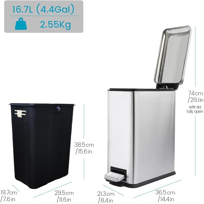 16.7L/ 4.4 Gallon Rectangular Slim Kitchen Trash Can with Removable Inner Bucket, Soft Close lid, Stainless Steel Step Pedal Garbage Can for Bathroom, Kitchen, Home Office, Brushed Silver