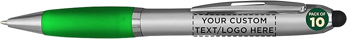 DISCOUNT PROMOS Custom Stylus Ballpoint Pens Set of 10, Personalized Bulk Pack - Black Ink, Great for Office, School, Business, Tradeshows, Events - Green
