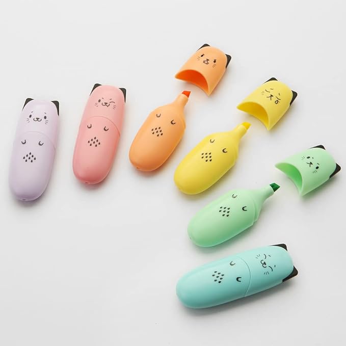 6 pieces Cat Shape Cute Mini Highlighter Pen Pastel Color Chisel Tip Kawaii Kids Stocking Stuffers Gift Highlighter Marker