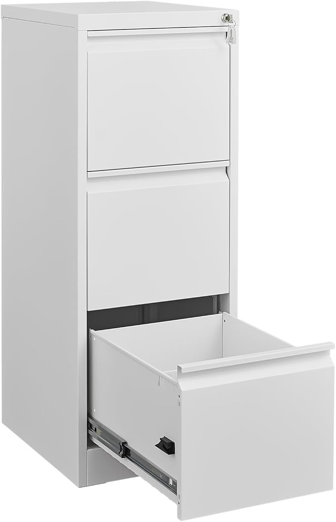 3 Drawer File Cabinet with Lock, Vertical File Cabinets for Home Office, Metal Filing Cabinets, Heavy Duty Steel Lockable Filing Storage Cabinet for Letter/Legal/A4/F4 Size Files, White