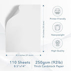 MOS White Legal Cardstock Paper 8.5 x 14 Inch (110 Sheets) — Heavyweight 250 GSM Cover Stock for Certificates, Menus, Legal Documents, Crafts, Printer Compatible