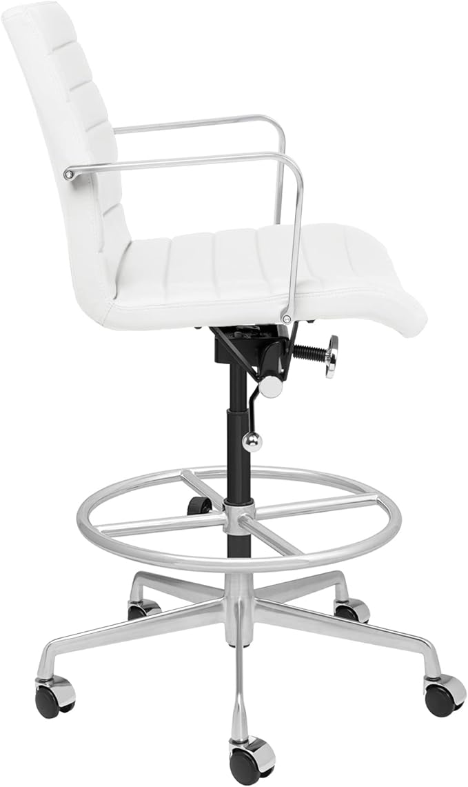 Laura Davidson Furniture SOHO II Ribbed Drafting Chair for Standing Desks, Standing Desk Chair - Ergonomically Designed, Commercial Grade Draft Height, Arm Rest & Cushion, Made of Faux Leather, White