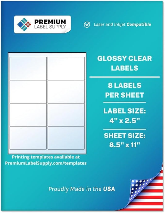 Premium Label Supply Glossy Clear Address Labels – 4" x 2.5" – Laser/Inkjet Compatible – (8 per Sheet), 25 Sheets – 200 Total Adhesive Labels