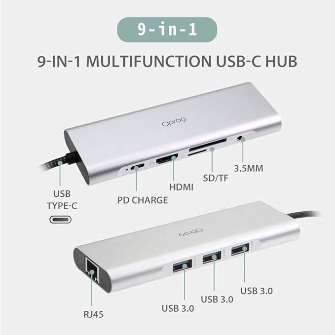 9-in-1 USB C Hub Multiple Adapter, 3 USB 3.0 Ports up to 5Gbps Transfer, 4K@30Hz HDMI, 60W PD, SD/TF Card Reader, 3.5mm Audio Jack & Ethernet, USB-C Hub for MacBook and Other Type-C Devices