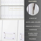 BLU MONACO Set of 6 Foldable White Magazine File Holders | Vertical Desk File Organizer Boxes With Leather Label Holders | Stylish Cardboard Magazine Storage for Shelves, Workspace and Home Office