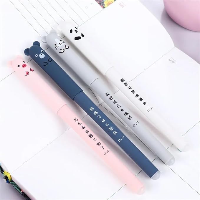 Piaogui 4pcs 0.5mm Erasable Gel Pens,Kawaii Cute Bear Pig Erasable Gel Pen Set Kawaii Pens Back to School Stationery Supplies for Writing Noting Journaling Kids Gifts (4Pcs)