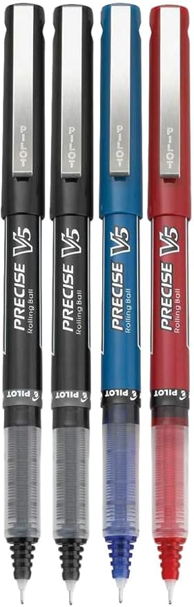 Precise V5 Stick Rolling Ball Pens, Extra Fine Point (.5mm), Assorted Colors Black/Blue/Red Ink, 4-pk; Bundle with Plastic Reusable Pouch