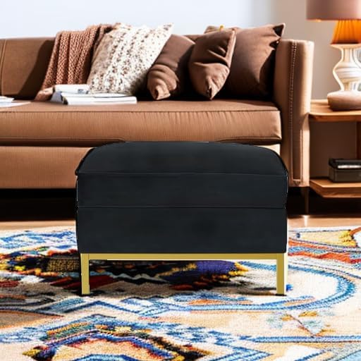24KF Large Velvet Ottoman, Upholstered Padded Cushion Ottoman Table, Large Foot Rest for Living Room - Black