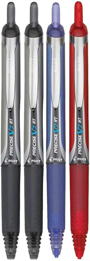 Precise V7 RT Retractable Rolling Ball Pens, Fine Point (.7mm), Assorted Colors Black/Blue/Red/Purple Ink, 4-pk; Premium Comfort Grip, Bundle with Plastic Reusable Pouch