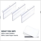 Diteje 20 Pack Plastic Wire Shelf Label Holder,Shelving Rack Retail Sign Hook Labels Clip On with Paper Inserts,3.15x1.50inch