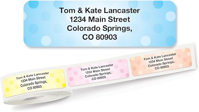 Pastel Dots Rolled Personalized Return Address Mailing Labels with Dispenser, Set of 500, 5 Designs, Small ¾ x 2½ Inch Size, Custom Self-Adhesive Sticker Roll, by Colorful Images