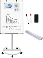 BIBOC Mobile Dry Erase Board – 36x24 inches Magnetic Portable Whiteboard Stand Adjustable Easel White Board Flipchart Easel Board with 25 Sheets Paper Pad 1 Eraser, 2Markers (24x 36 inches)