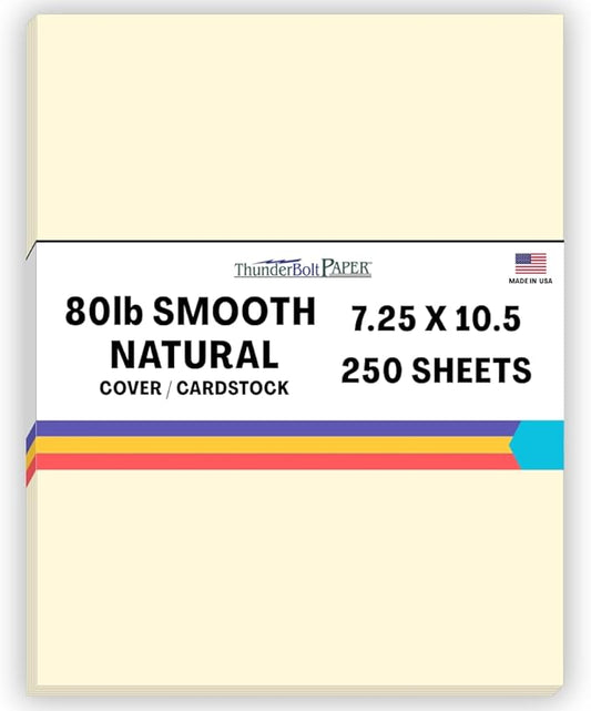 250 Natural Smooth Card Stock Sheets Paper - 7.25 X 10.5 Inches Executive Size - 80# (80 lb/Pound) Cover Weight - Soft Cream White Color - Quality Paper - Smooth Finish