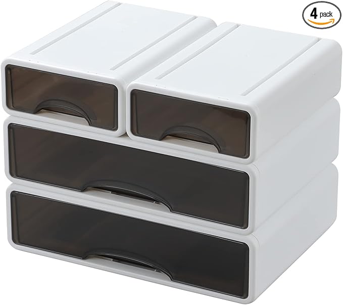 OSteed White Desktop Drawers for Paper, Stackable Office Storage Drawers for Desk, Craft Organizer and Storage Bins, 4 Mixed Storage Container with Plastic Drawers for Office Supplies Desk accessories