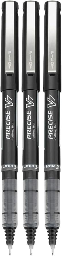 Precise V7 Stick Rolling Ball Pens, Fine Point (.7mm), Black Ink, 3-pk; Bundle with Plastic Reusable Pouch