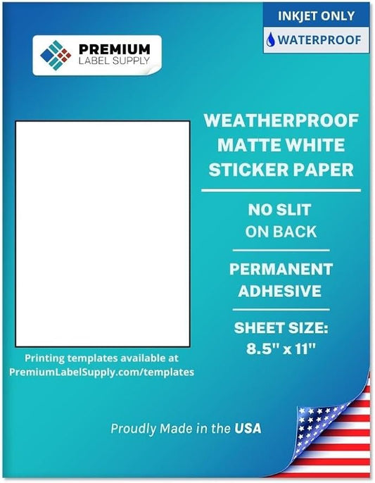 Premium Label Supply Waterproof White Inkjet Sticker Paper – 8.5" x 11" Full Sheet Labels – Inkjet Printers only – Similar to Vinyl – 100 Sheets