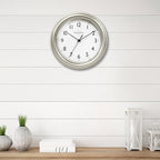Presentime & Co. 8.5" Modern Farmhouse Essential Wall Clock, Silent Non Ticking, Morning Silver Color. (Wall Clock for Office, Home, Bathroom, Kitchen, Bedroom, and School)
