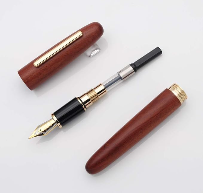 JINHAO 9056 Natural Wood Fountain Pen Handmade Ink Pen (Rosewood, Medium Nib 0.7mm)