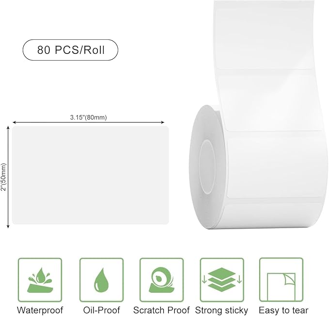Risio Thermal Labels 2"x3.15"(50x80mm),80 Labels/Roll(5 Rolls),Waterproof, Oil-Resistant, Scratch-Resistant Thermal Label Paper,for Barcode/Address/Mailing/Logo/Business/Home