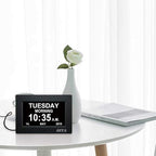 SSYA 7 Inch Calendar Clock - 12 Alarm Options, Level 5 Auto Dimmable Display,Extra Large Impaired Vision Digital Clock with Non-Abbreviated Day & Month (Black)