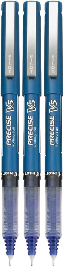 Precise V5 Stick Rolling Ball Pens, Extra Fine Point (.5mm), Blue Ink, 3-pk; Bundle with Plastic Reusable Pouch