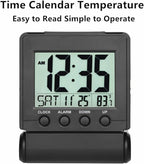 FAMICOZY Small Folding Digital Travel Alarm Clock with Day/Month/Date/Indoor Temperature,Easy to Read and Set,High/Low Alarm Volume,9 Min Snooze,Backlight on Demand,Bedside Calendar Alarm Clock,Black