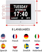 Aowasi 8 Alarms Digital Clock, Extra Large Display Wall Digital Day Calendar Clock with Non-Abbreviated Day & Month Alarm Clocks for Seniors Impaired Vision Dementia Elderly Alzheimer