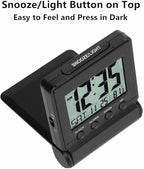 FAMICOZY Small Folding Digital Travel Alarm Clock with Day/Month/Date/Indoor Temperature,Easy to Read and Set,High/Low Alarm Volume,9 Min Snooze,Backlight on Demand,Bedside Calendar Alarm Clock,Black