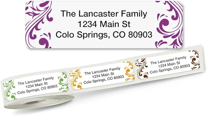 Colorful Images Elegant Swirl Rolled Personalized Return Address Mailing Labels with Dispenser, Customize with Name & Shipping Address, 500 ¾” x 2½” Self Adhesive, Easy Peel Label Roll