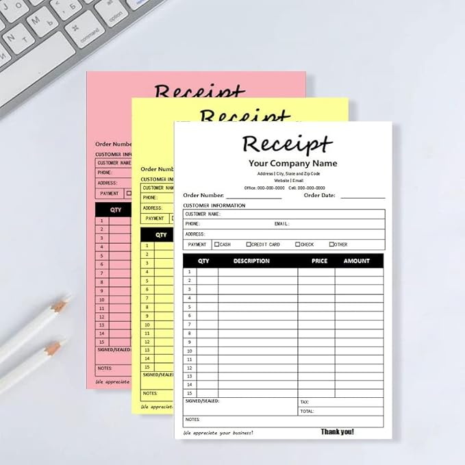 Custom Carbonless Sales Invoice Form Books for Small Business, Personalized NCR 3-Part Receipt Book with Carbon Copies, Cover Add Company Name, Address and Number Printed