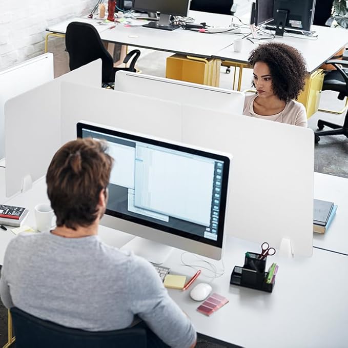 4PCS Acrylic Desk Dividers - 23.6”L x15.8”W White, Office Privacy Partitions with Clamps, Plexiglass Protective Shields for Offices Schools Call Centers