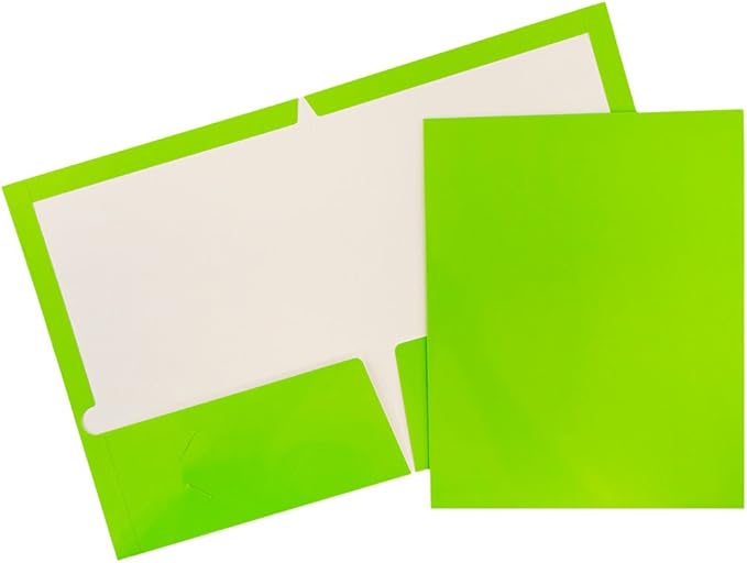 JAM PAPER Laminated Two Pocket Glossy School Folders - Letter Size - High Gloss Lime Green - Bulk 25/Pack