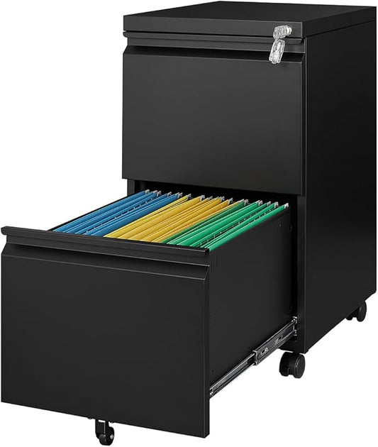 2 Drawers Vertical File Cabinet - Fully Assembled Black Under Desk Mobile Filling Cabinet Small Lockable Home Office File Cabinets for A4/Letter/Legal Size