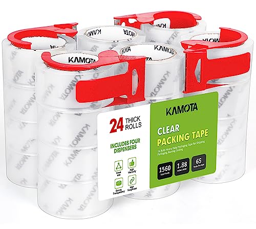KAMOTA Packing Tape, 24 Rolls Heavy Duty Clear Packaging Tape for Shipping Packaging Moving Sealing, 1.88 inches Wide, 65 Yards Per Roll, Total 1560 Yards with 4 Dispensers