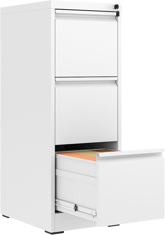 3 Drawer File Cabinet with Lock,Metal Vertical Filing Cabinets for Home Office,Heavy Duty File Storage Cabinet for Letter/Legal/A4/F4 Size File,Assembly Require (White, Vertical 3 Drawer)