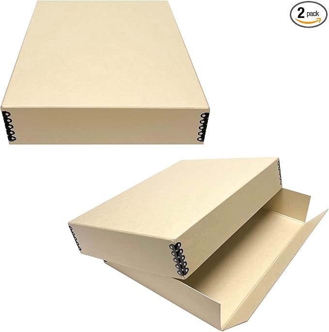 Lineco Museum Archival Storage Box, 11.75x15.25x3 in. Drop Front Design. Acid-Free with Metal Edge. Organize Photos, Pictures, Prints, Documents, Crafts, DIY. Tan, 2 Pack