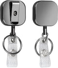 Will Well ID Badge Holder Reel with Clip and Keyring - Heavy-Duty All-Metal Casing with 23.6" UHMWPE Fiber Pull Cord for Easy Access, Holds up to 8 Keys - 2-Pack, Small Square, Glossy Black