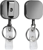 Will Well ID Badge Holder Reel with Clip and Keyring - Heavy-Duty All-Metal Casing with 23.6" UHMWPE Fiber Pull Cord for Easy Access, Holds up to 8 Keys - 2-Pack, Small Square, Glossy Black