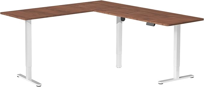 VIVO Electric Corner 75 x 63 inch L-Shaped Standing Desk, Memory Height Adjustment, Dark Walnut Top White Frame, DESK-E3CTWD-75
