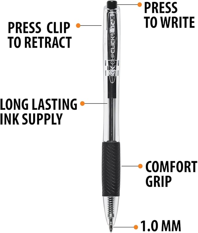 Inc. ClipClicks Retractable Ballpoint Pens - Bulk 1.0-mm Medium-Point Pen Set With Comfort Grip for School, Office, Writing, and Journaling, 75 Count, Black